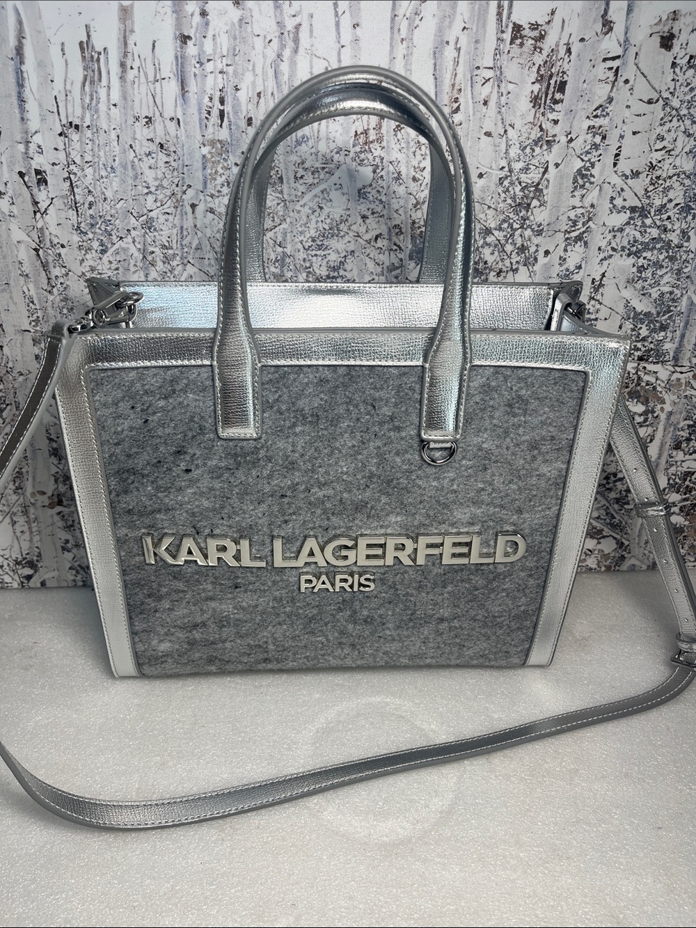 KARL LAGERFELD Paris Silver Felt & Faux Leather Nouveau Tote Crossbody Bag